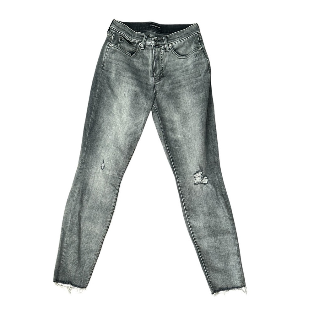 Lucky Brand charcoal wash Bridgette High Rise Skinny distressed raw hem jeans